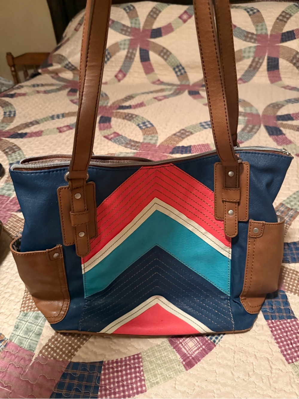 Relic Chevron Colorblock Tote in Navy, Coral, Teal & Tan